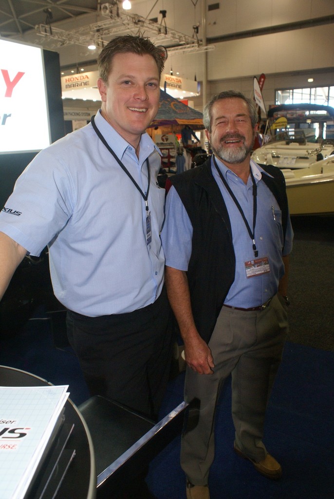 David Meehan (Mercury Marine) and Alan Steber (right, Stebercraft) swapping stories at the Brisbane Boat Show.  © Bob Wonders